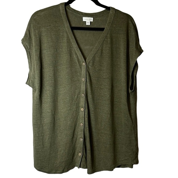J Jill Love Linen Button‎ Front Top Olive Green V-Neck Large Petite #1431010P - Picture 1 of 11